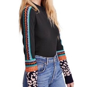 Free People Black Crochet Sleeve Switch It Up Cuff Thermal Top